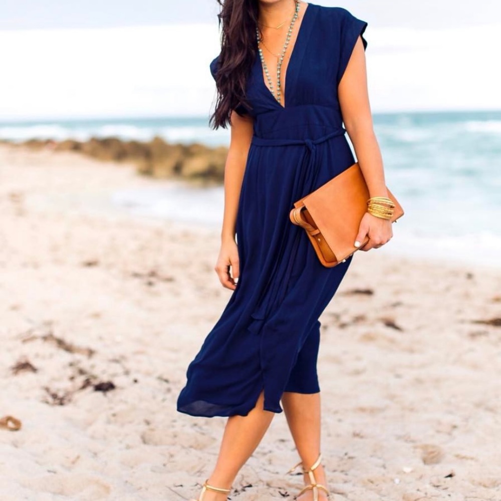 Navy side slit v neck dress